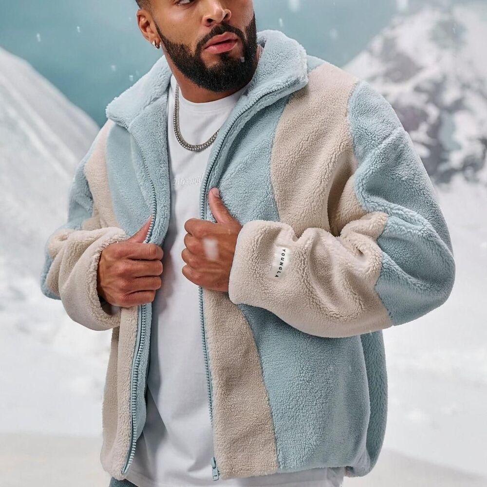 YoungLA 5187 Fuzzy Teddy Jacket | Blue & Tan Wavy Sherpa size medium